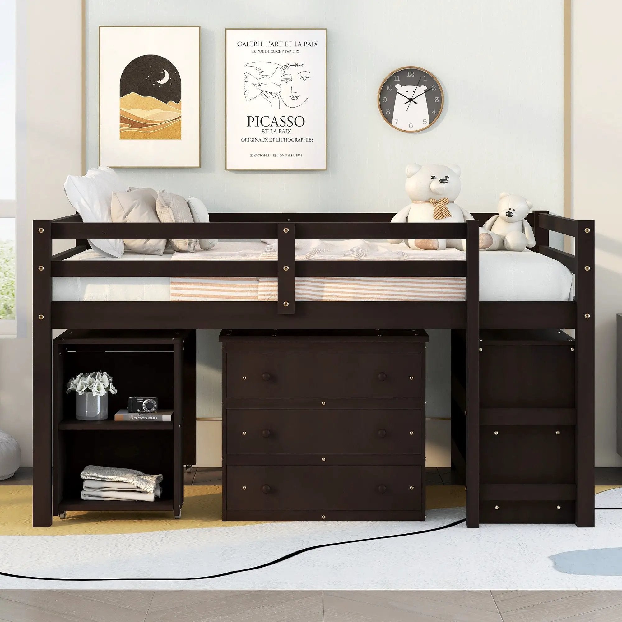Loft Low Study Bed With Cabinet, Shelves And Rolling Portable Desk, Multiple Functions by Unique Piece Furniture