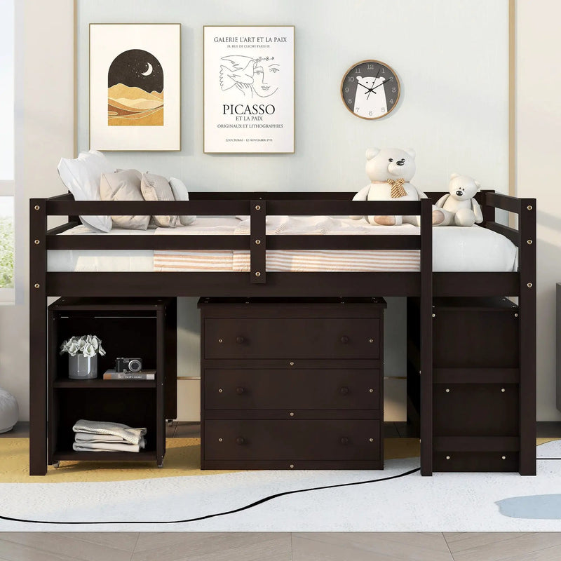 Loft Low Study Bed With Cabinet, Shelves And Rolling Portable Desk, Multiple Functions by HouseOfZazla