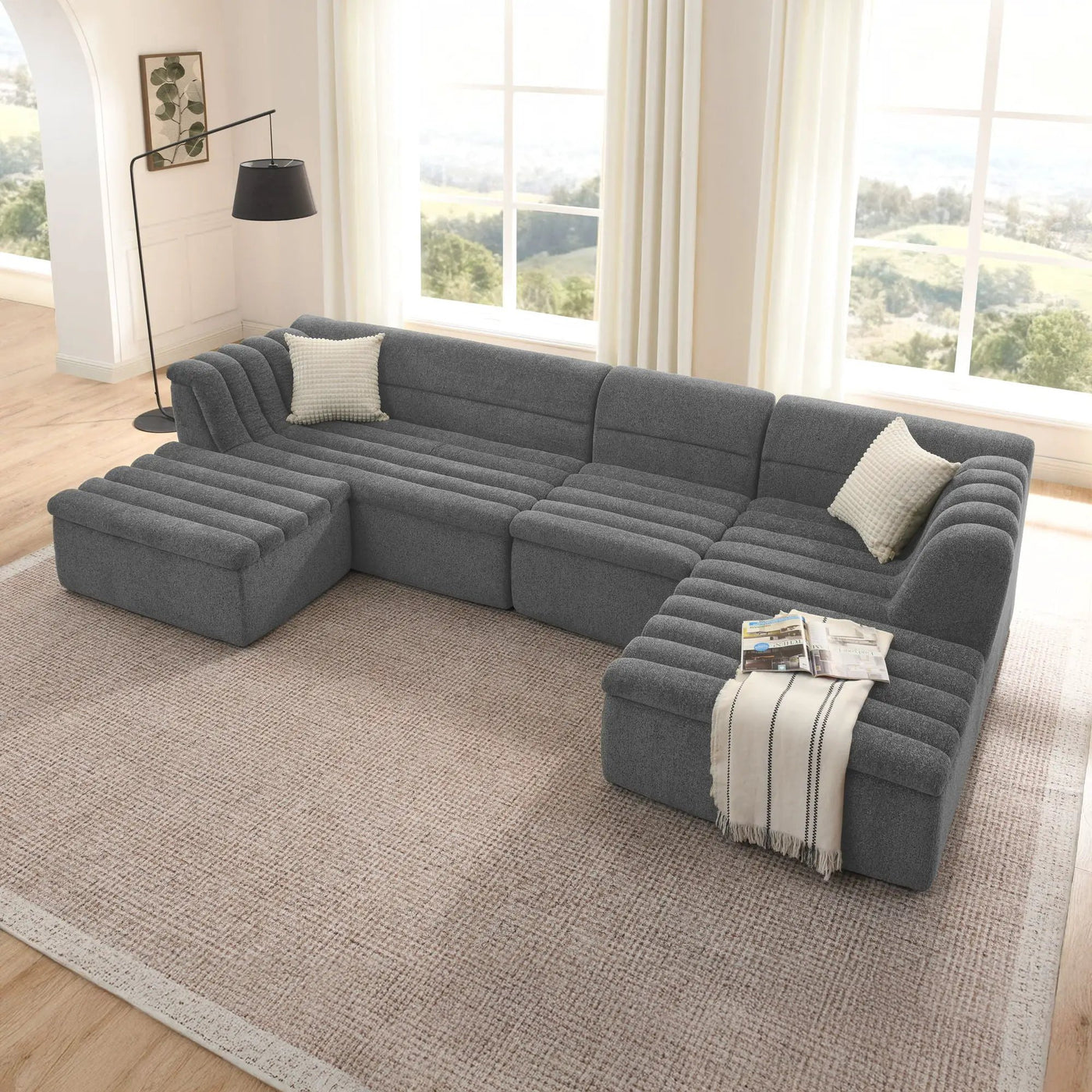 U-Shaped Modular Sectional Sofa With Chaise And Movable Ottoman With Wave-Shaped Armrest by HouseOfZazla