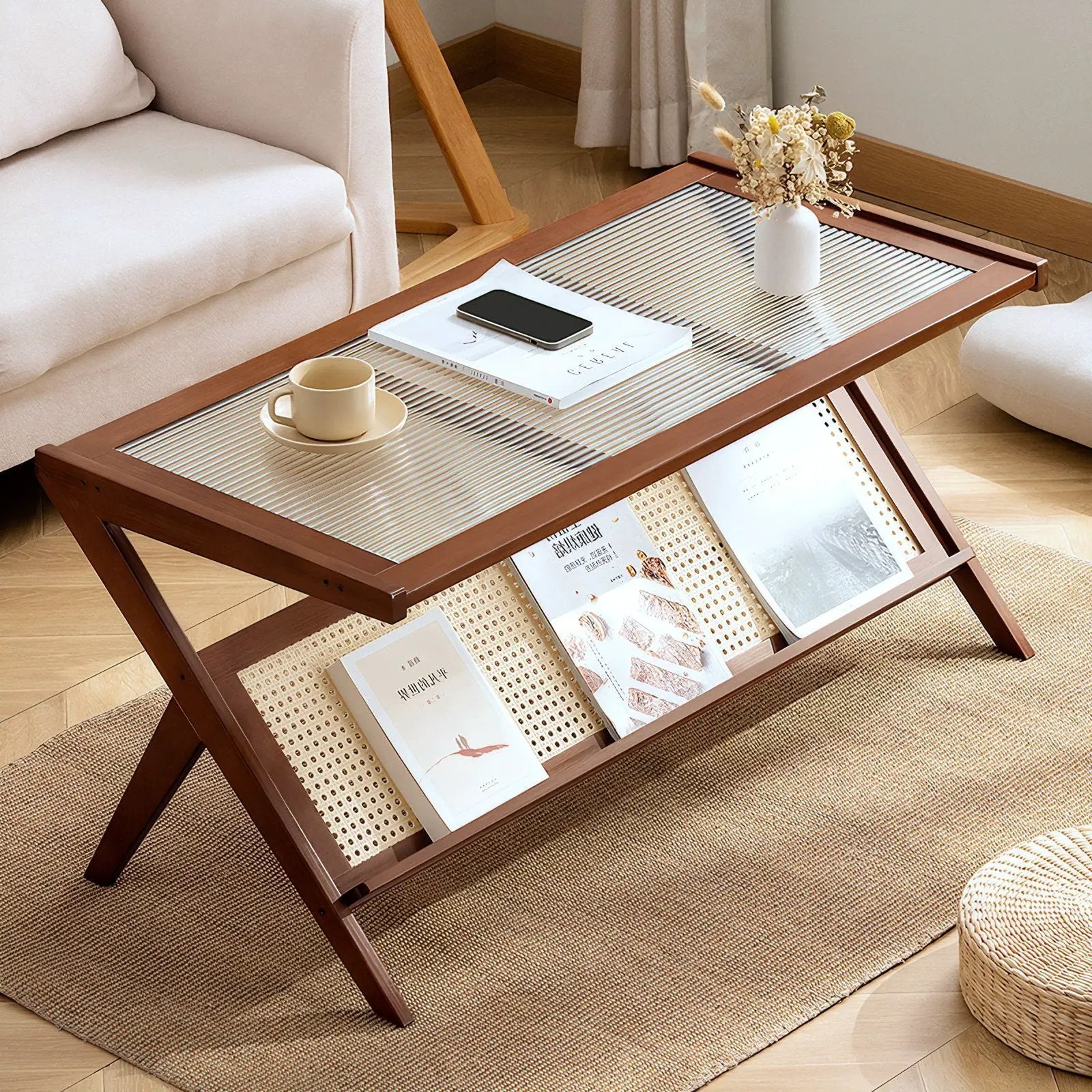 Rattan Coffee Tables For Living Room, Mid Century Modern Coffee Table With Glass Top, Large Boho Center Table With Storage - Brown by HouseOfZazla