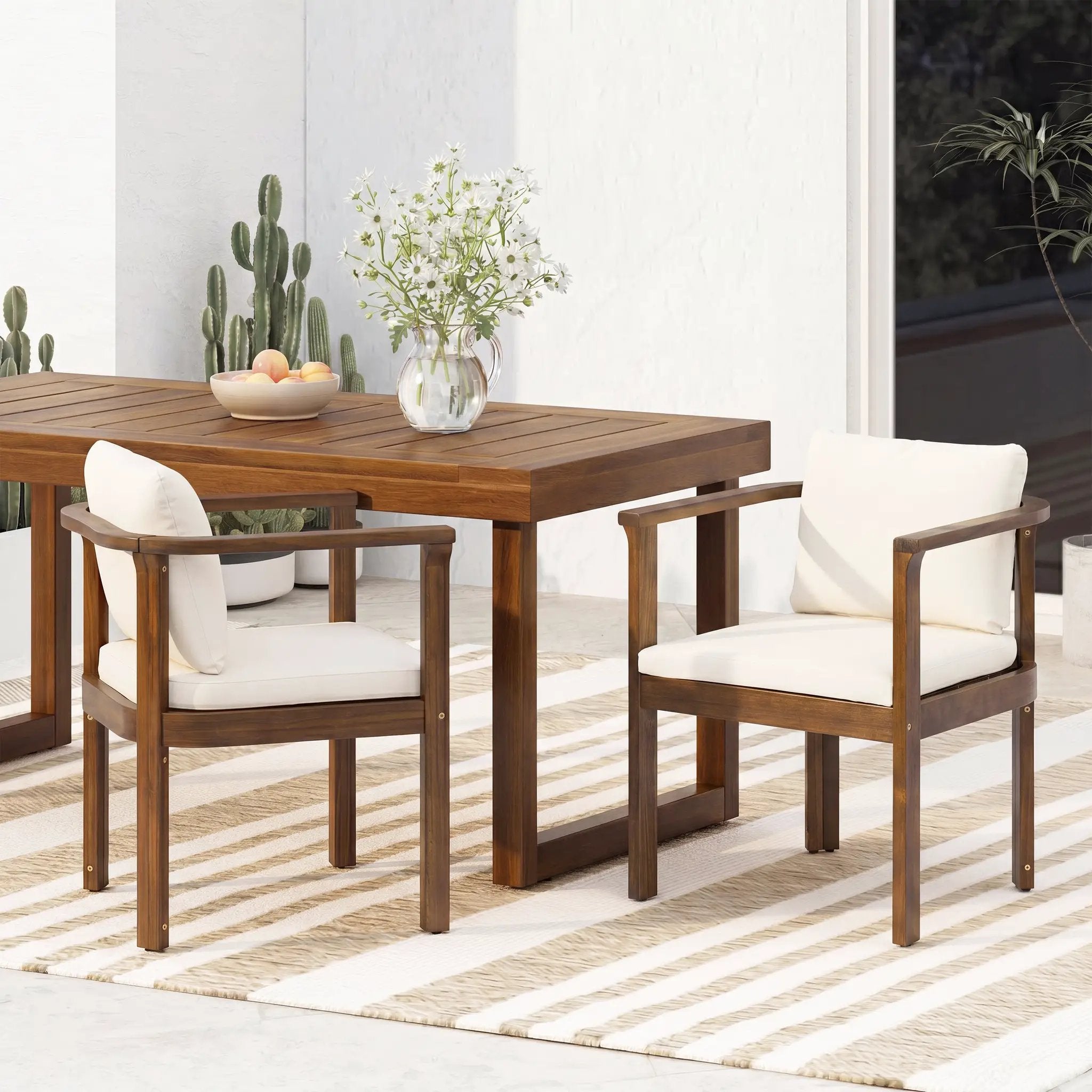 Outdoor Dining Chair Set of 2 with Curved Acacia Wood Arms by HouseOfZazla