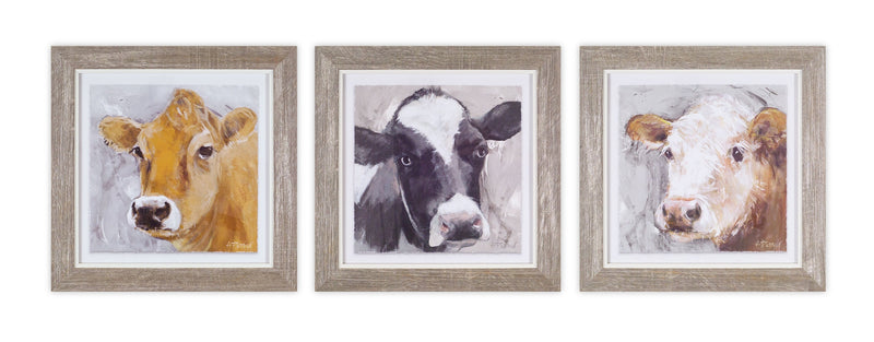 Wood framed cow print under glass (set of 3)