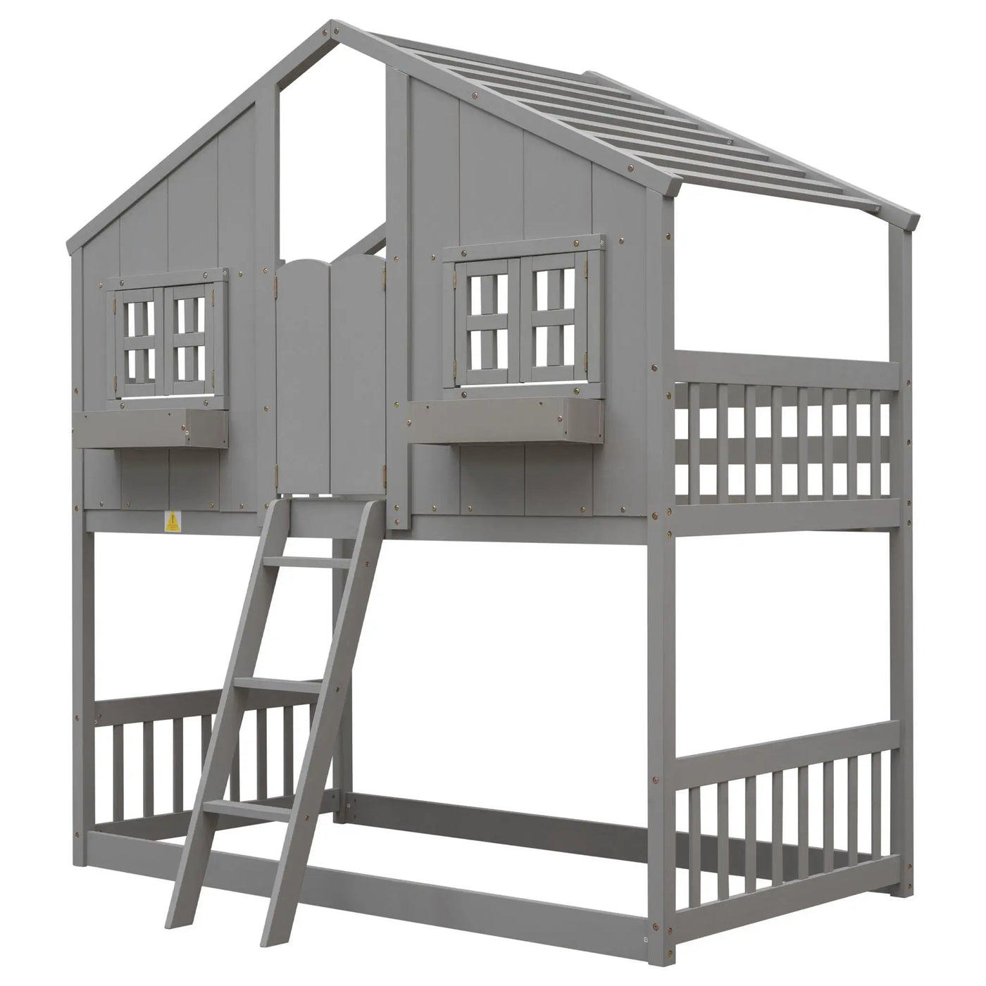 House Bunk Bed With Roof, Window, Window Box, Door, With Safety Guardrails And Ladder by HouseOfZazla
