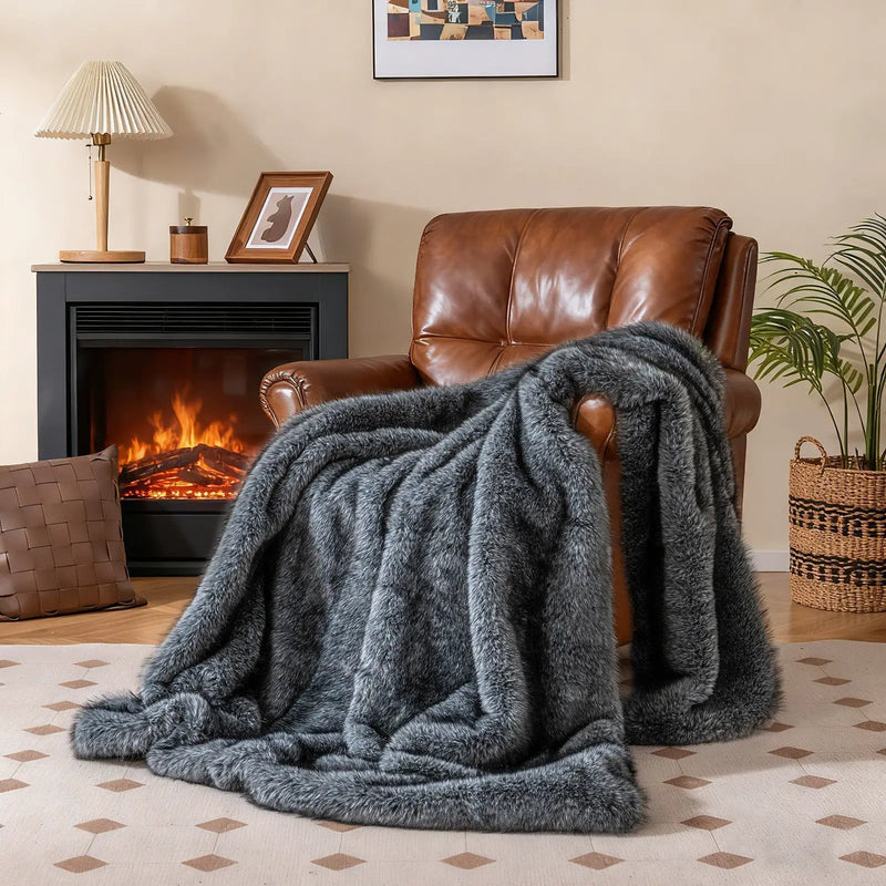 740GSM Soft Plush Fuzzy Luxury Faux Wolf Fur Blanket for Sofa-Gray by DirectDeals
