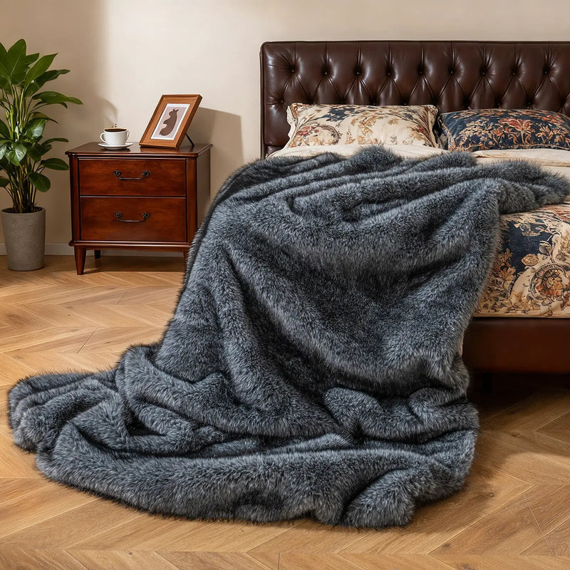 740GSM Soft Plush Fuzzy Luxury Faux Wolf Fur Blanket for Sofa-Gray by DirectDeals