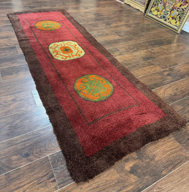 German Hooked Runner Rug 3x8, Vintage, Red, Wool by Jewel Rugs