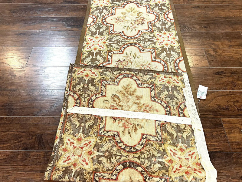 Needlepoint Runner Rug 2.8 x 9.8, Brown and Beige, Handwoven Handmade Floral French European Design, Vintage Flatweave 10ft Wool Runner Rug by Jewel Rugs