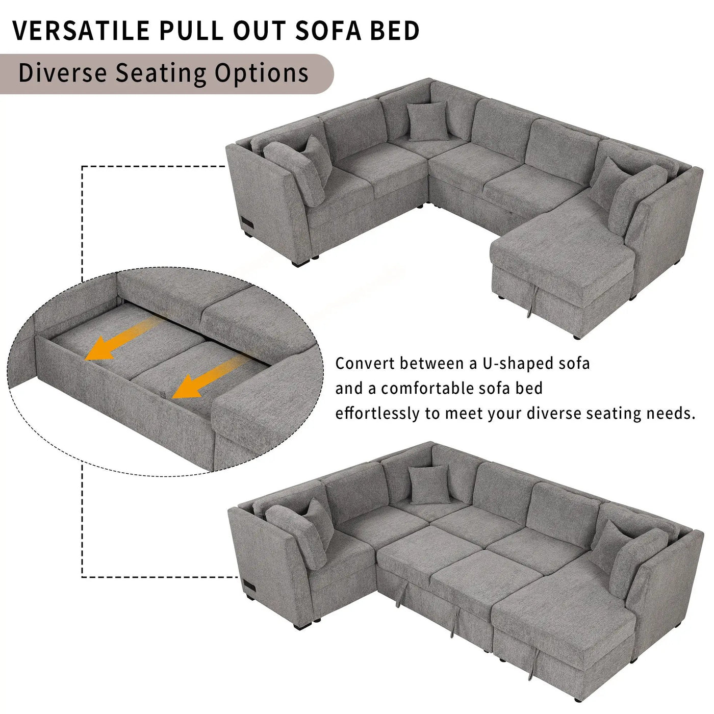 U-Shaped Sectional Sofa Pull Out Sofa Bed With Two USB Ports, Two Power Sockets, Three Back Pillows And A Storage Chaise For Living Room by Unique Piece Furniture