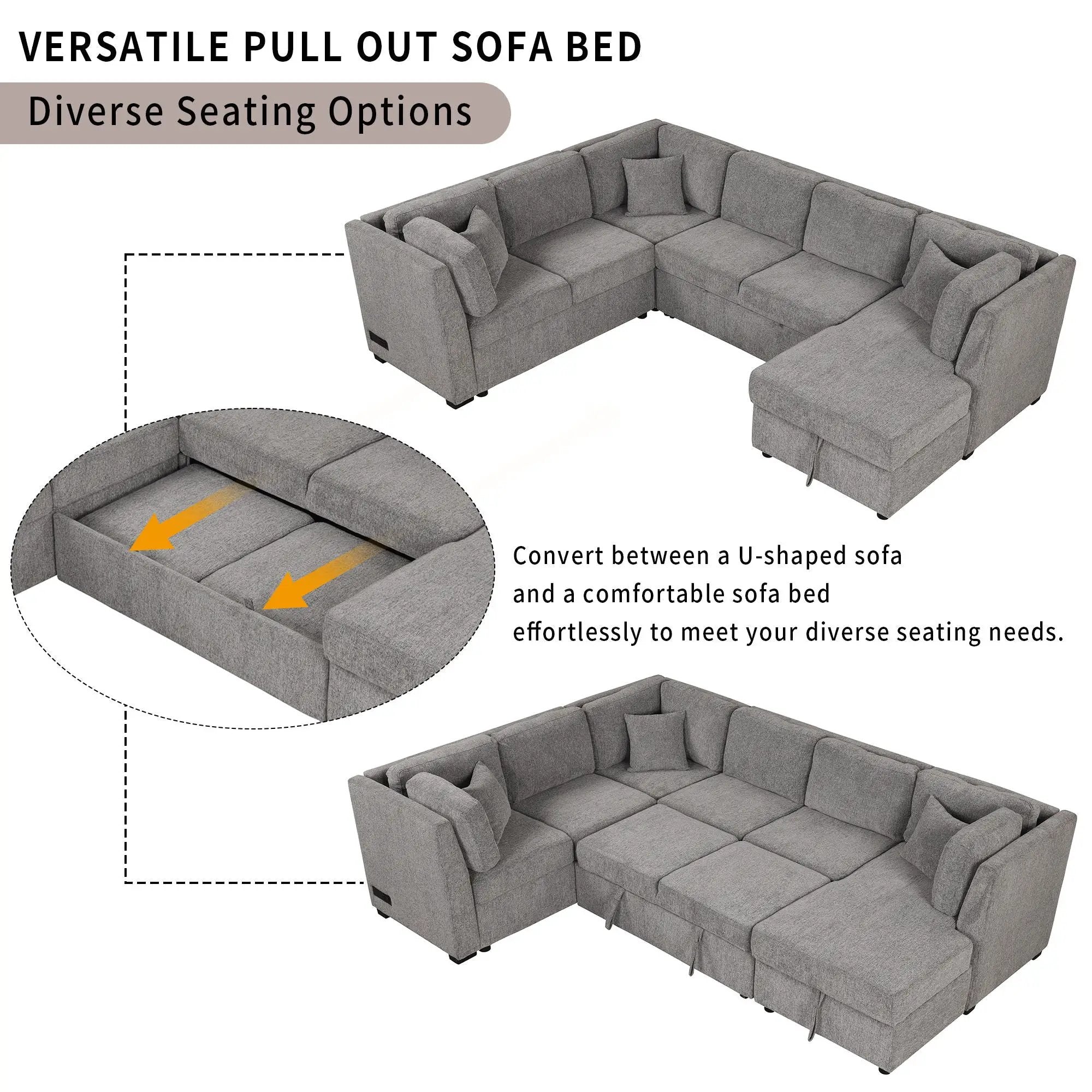 U-Shaped Sectional Sofa Pull Out Sofa Bed With Two USB Ports, Two Power Sockets, Three Back Pillows And A Storage Chaise For Living Room by HouseOfZazla