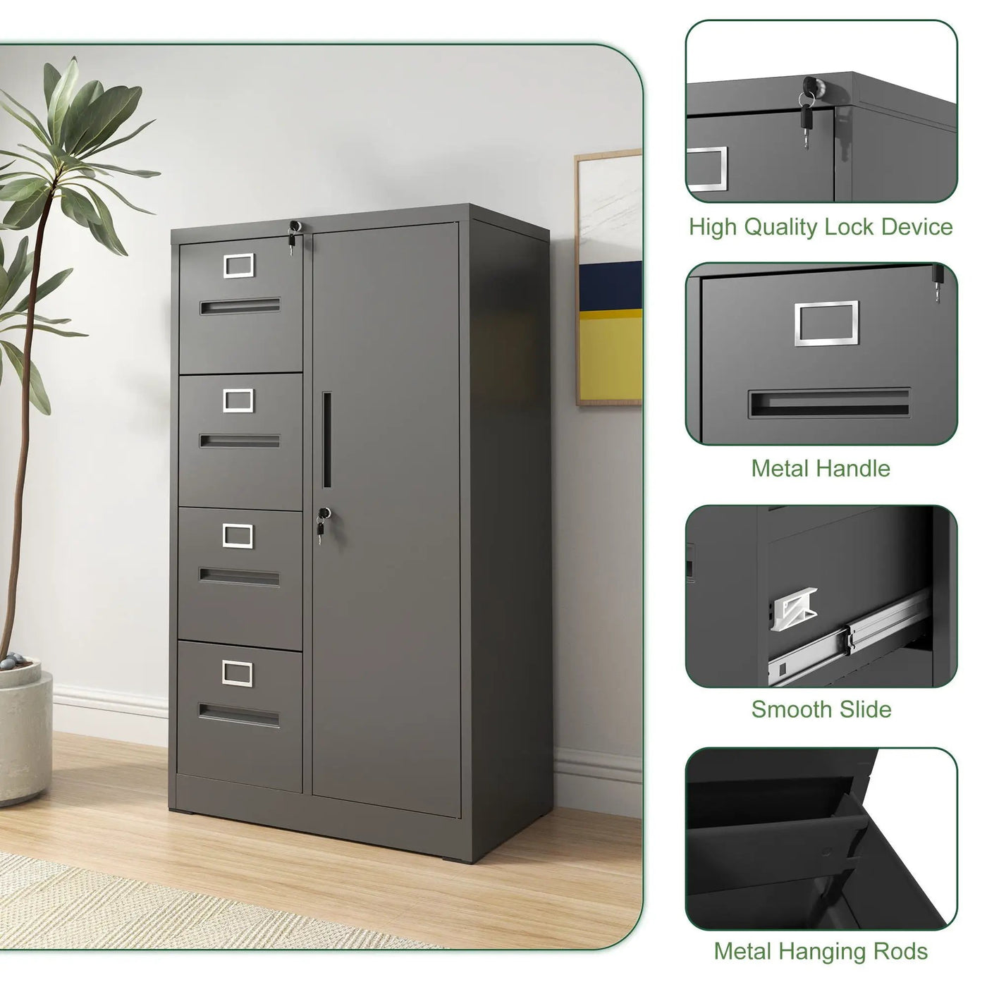 Metal Storage Vertical Filing Cabinet With Lock, 4 Drawers, 1 Door, Steel Construction, School / Office Use by HouseOfZazla