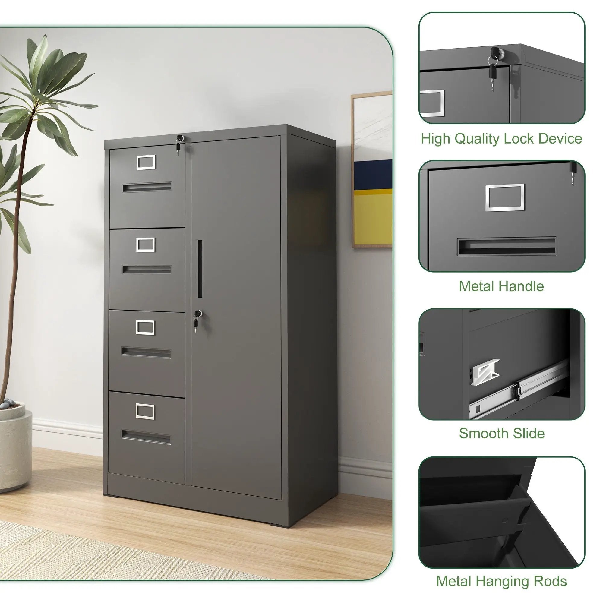 Metal Storage Vertical Filing Cabinet With Lock, 4 Drawers, 1 Door, Steel Construction, School / Office Use by HouseOfZazla