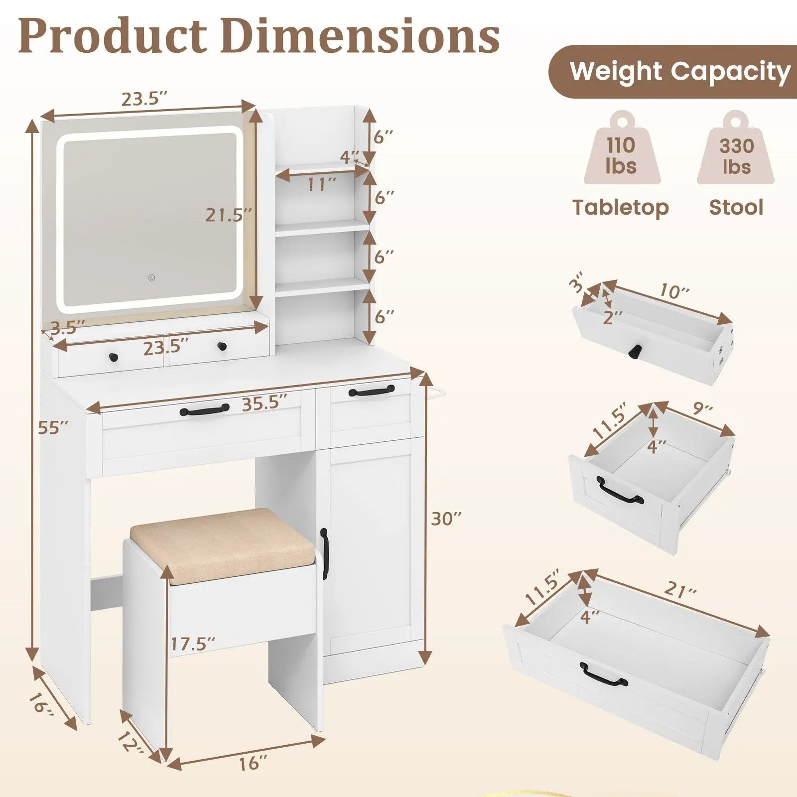 Vanity Set with Mirror and 3 Lighting Modes and Adjustable Brightness-White by DirectDeals