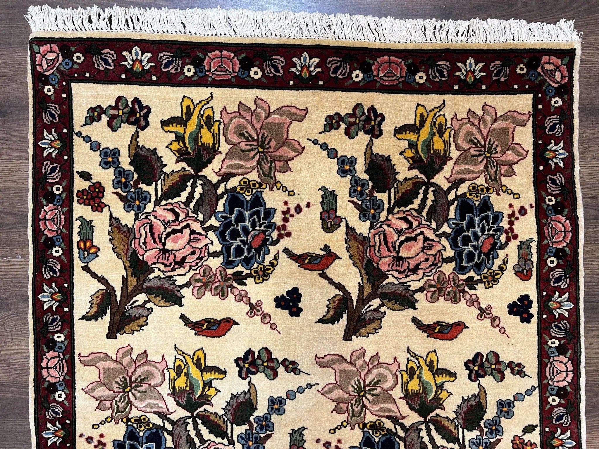 Persian Bidjar Rug 3.6 x 5 ft, Repeated Floral Motifs, Roses and Birds, Cream Burgundy, Fine Wool Oriental Bijar Carpet, Vintage Traditional Area Rug by Jewel Rugs