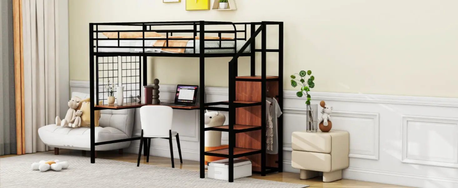 Loft Bed With Desk And Grid, Stylish Frame With Lateral Storage Ladder And Wardrobe by HouseOfZazla
