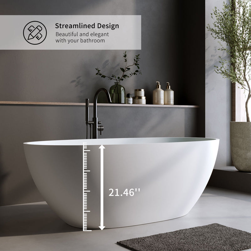 Solid Surface Matte Tub, Solid Surface Soaking Tub, Stone Resin Freestanding Bathtub, Thick Edge Stand Alone Tubs With Overflow, Pop-Up Drain (Oval) - Matte White by HouseOfZazla