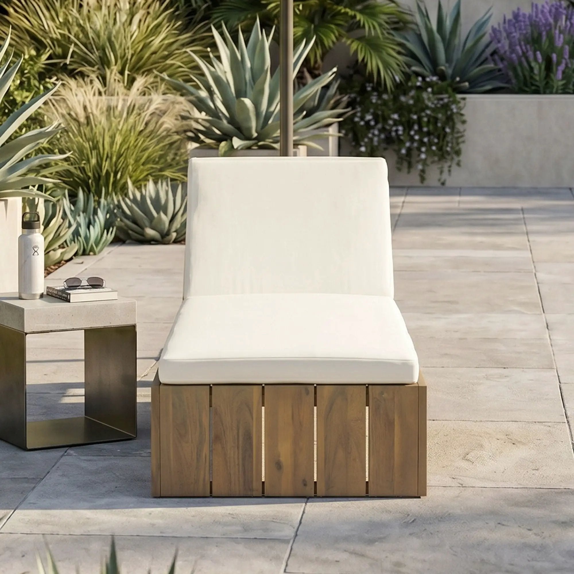 Adjustable Outdoor Chaise Lounge Patio Recliner - Beige / Light Teak by HouseOfZazla
