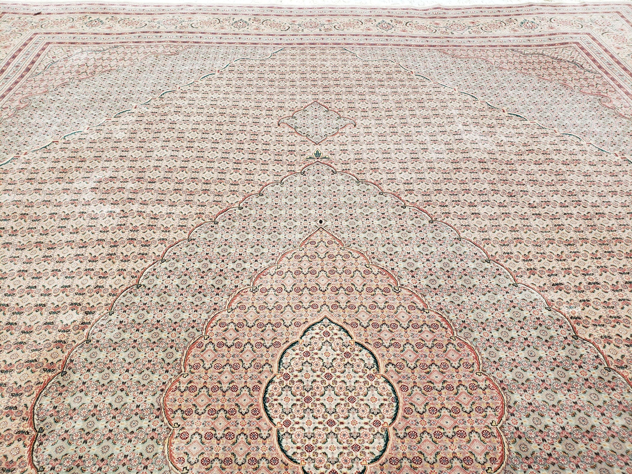 Stunning Oversized Pak Persian Oriental Rug 12x15, Hand Knotted Wool & Silk Palace Sized Carpet, Mahi Pattern, Very Fine, Peach Beige, Wow by Jewel Rugs