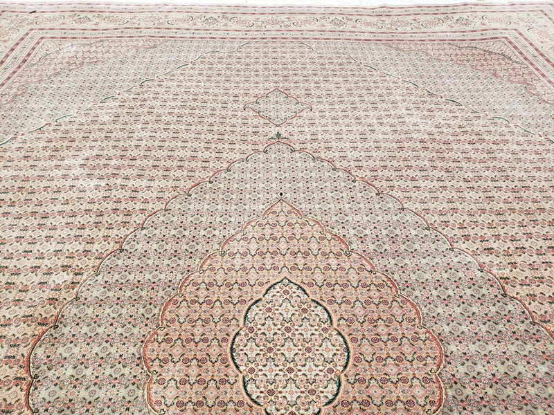 Stunning Oversized Pak Persian Oriental Rug 12x15, Hand Knotted Wool & Silk Palace Sized Carpet, Mahi Pattern, Very Fine, Peach Beige, Wow by Jewel Rugs