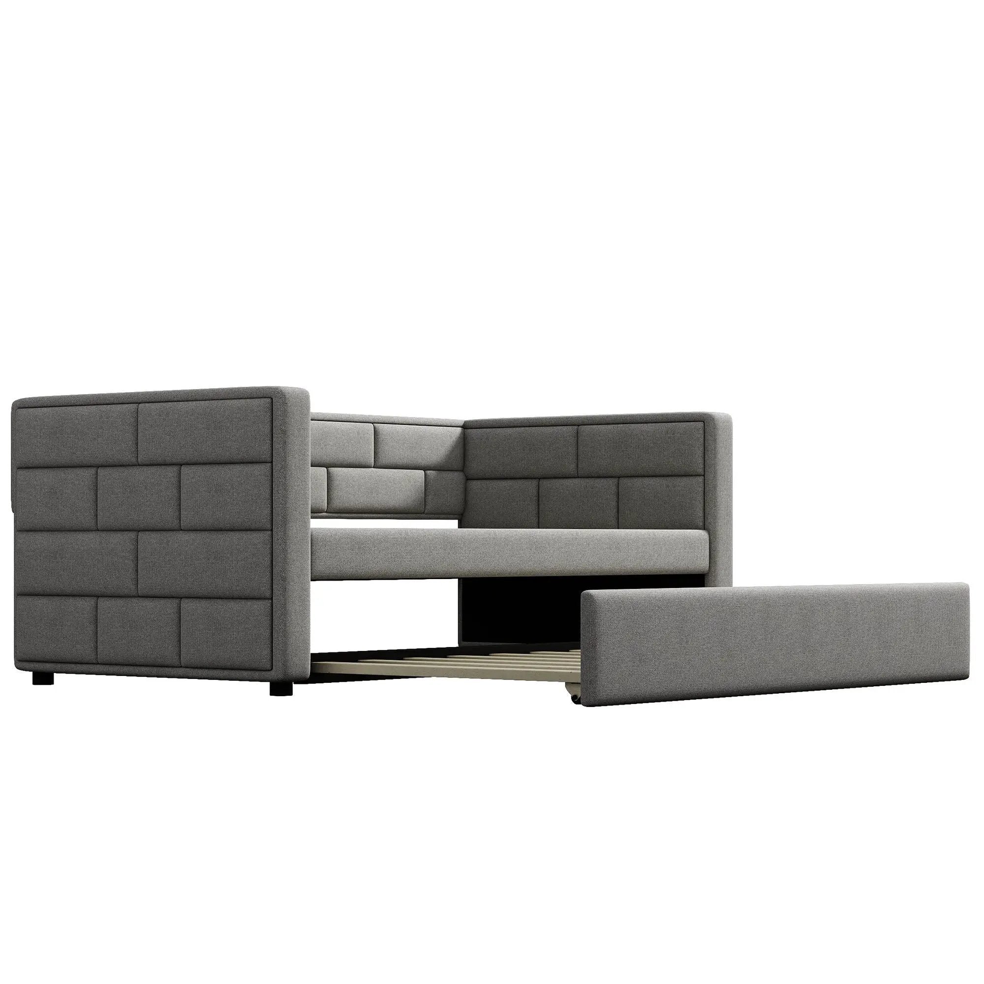 Upholstered Twin Size Daybed With Trundle, Padded Back And Sides - Gray by HouseOfZazla
