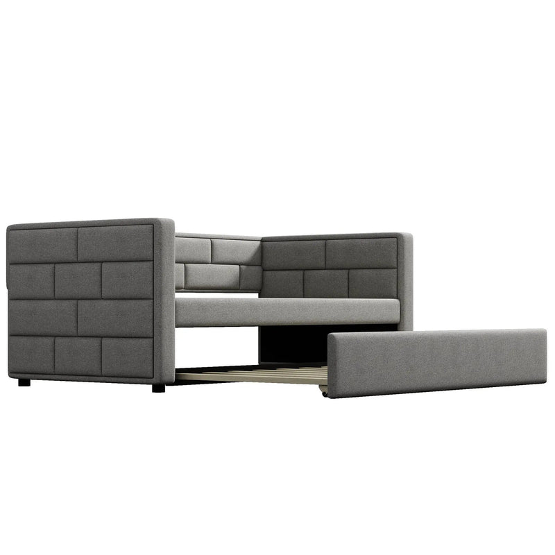 Upholstered Twin Size Daybed With Trundle, Padded Back And Sides - Gray by HouseOfZazla
