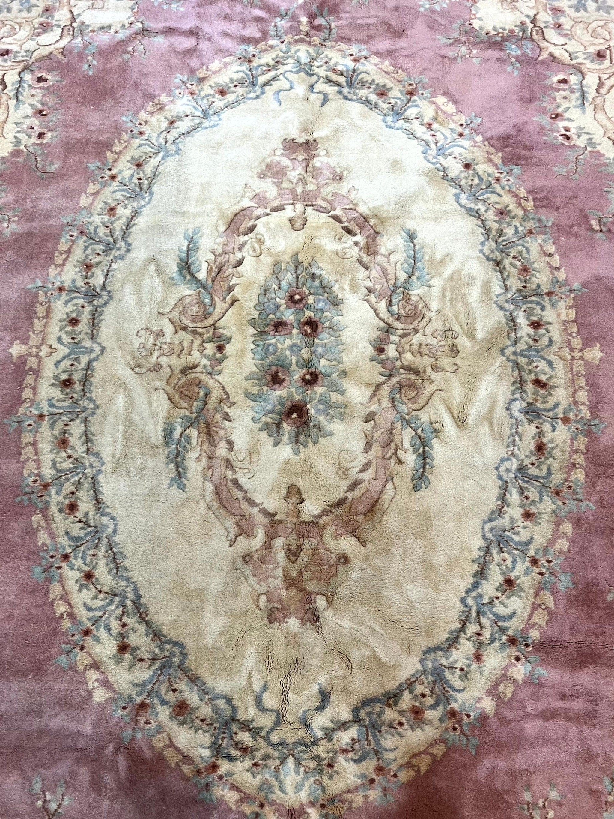 Indo Chinese Aubusson Wool Rug 10x14, Pink and Cream, Handmade Vintage Wool Carpet, Elegant European Design by Jewel Rugs