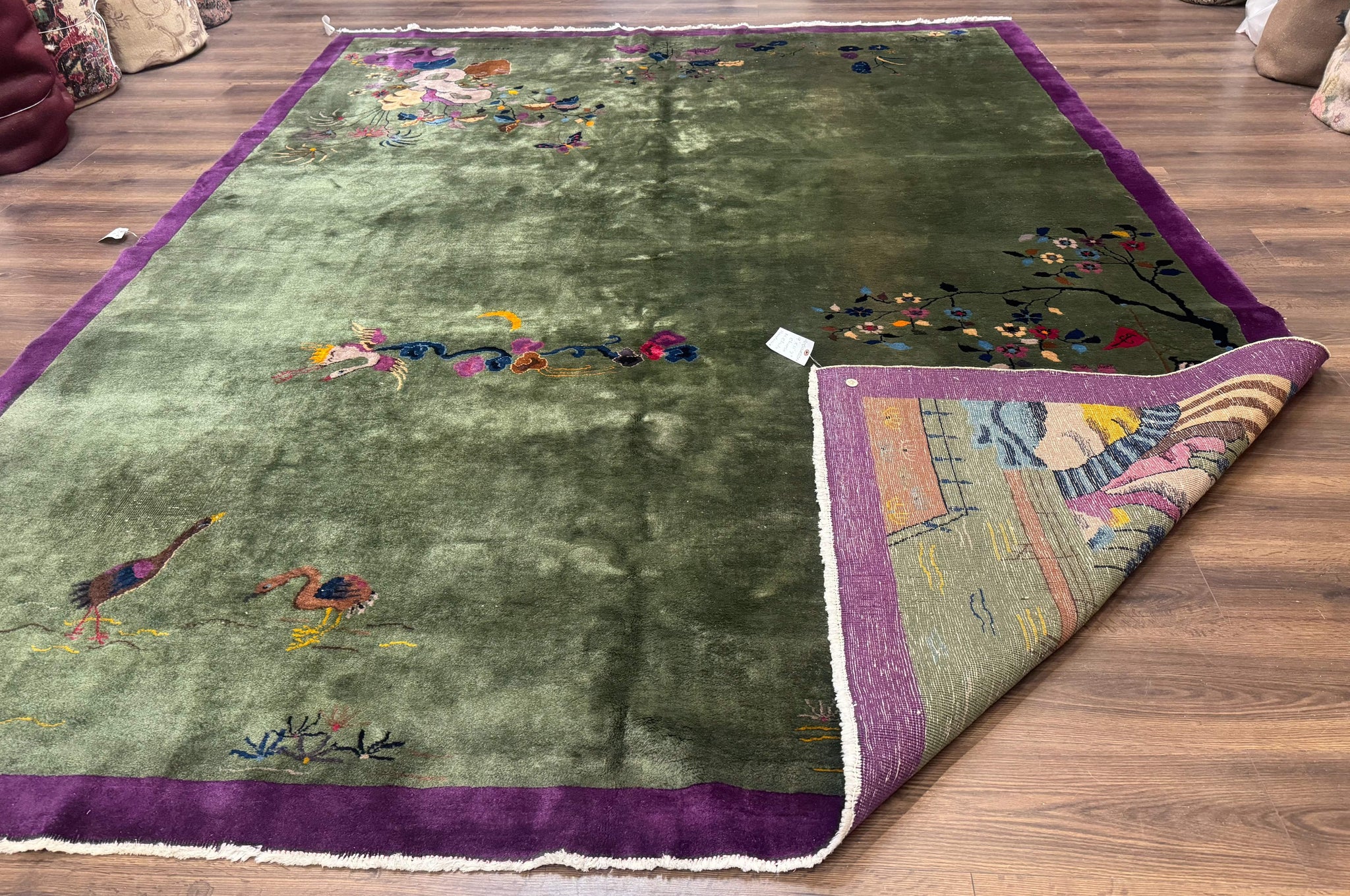 Antique Chinese Nichols Rug 9x12 - Rare Green and Purple Art Deco Carpet by Jewel Rugs
