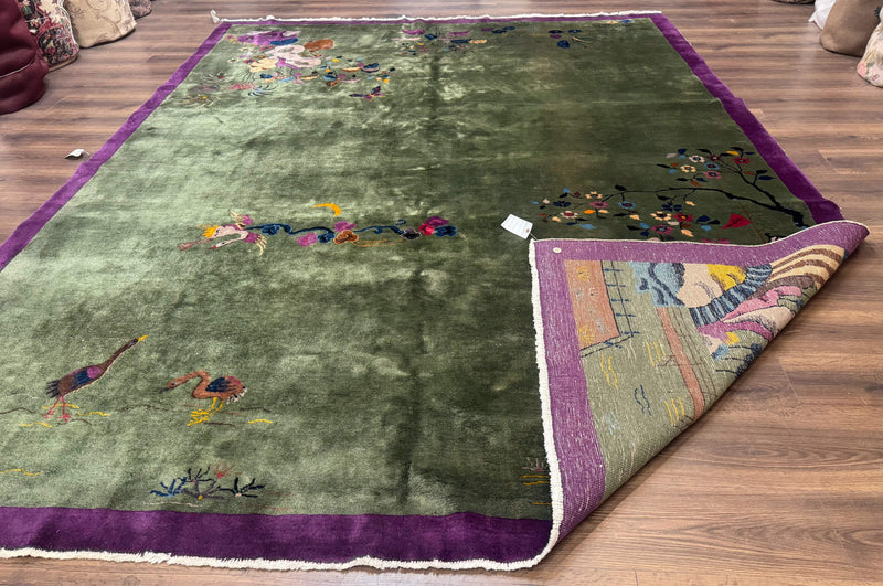Antique Chinese Nichols Rug 9x12 - Rare Green and Purple Art Deco Carpet by Jewel Rugs