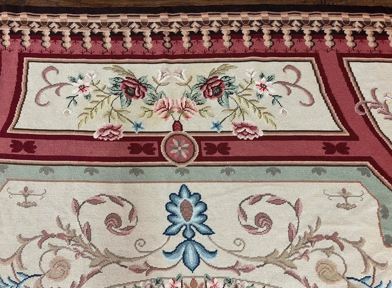 Needlepoint Rug 7.9 x 9, Beige Maroon Rose, Handmade Handwoven Flatweave Aubusson Savonnerie French European Elegant Carpet, Wool Rug by Jewel Rugs
