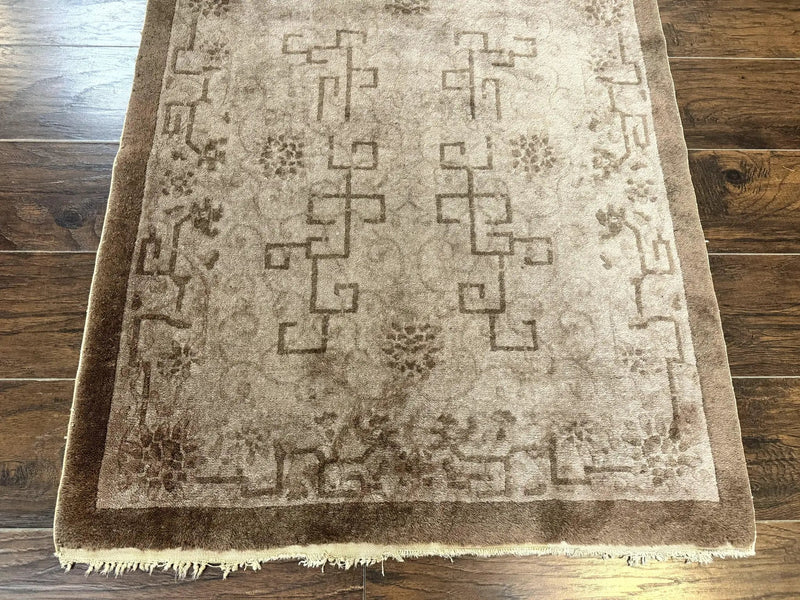 Antique Chinese Fette Rug 3x6, Taupe, Handmade Wool Chinese Carpet by Jewel Rugs
