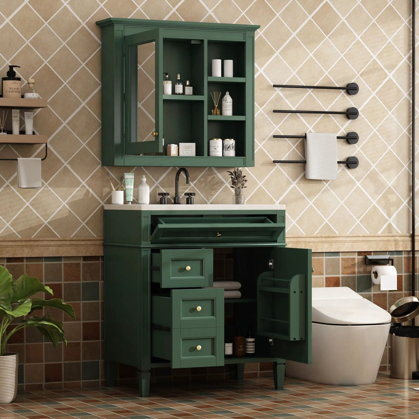 Bathroom Vanity With Medicine Cabinet, Royal Mirror Cabinet, Modern Bathroom Storage Cabinet With 2 Soft Closing Doors And 4 Drawers by Unique Piece Furniture