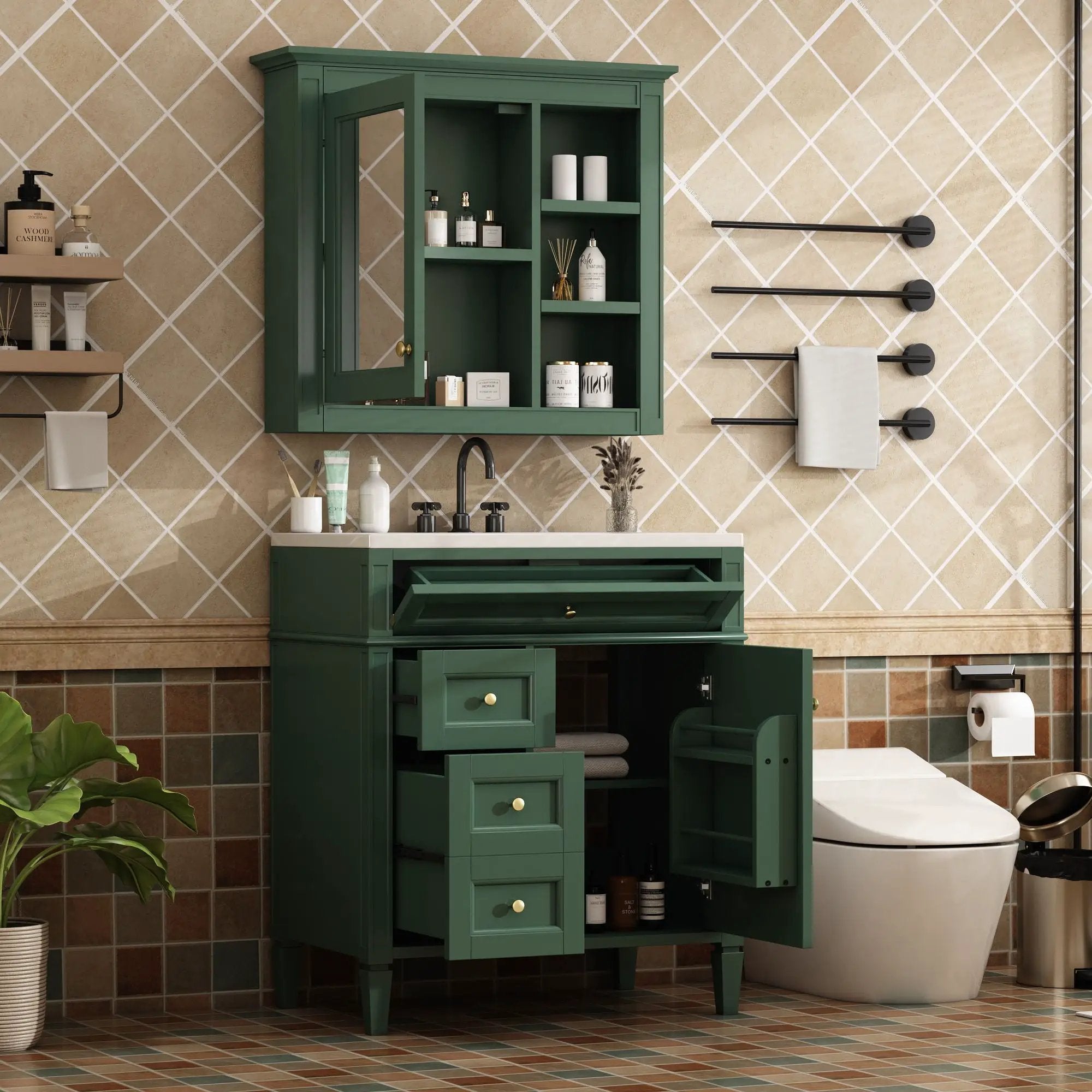 Bathroom Vanity With Medicine Cabinet, Royal Mirror Cabinet, Modern Bathroom Storage Cabinet With 2 Soft Closing Doors And 4 Drawers by HouseOfZazla