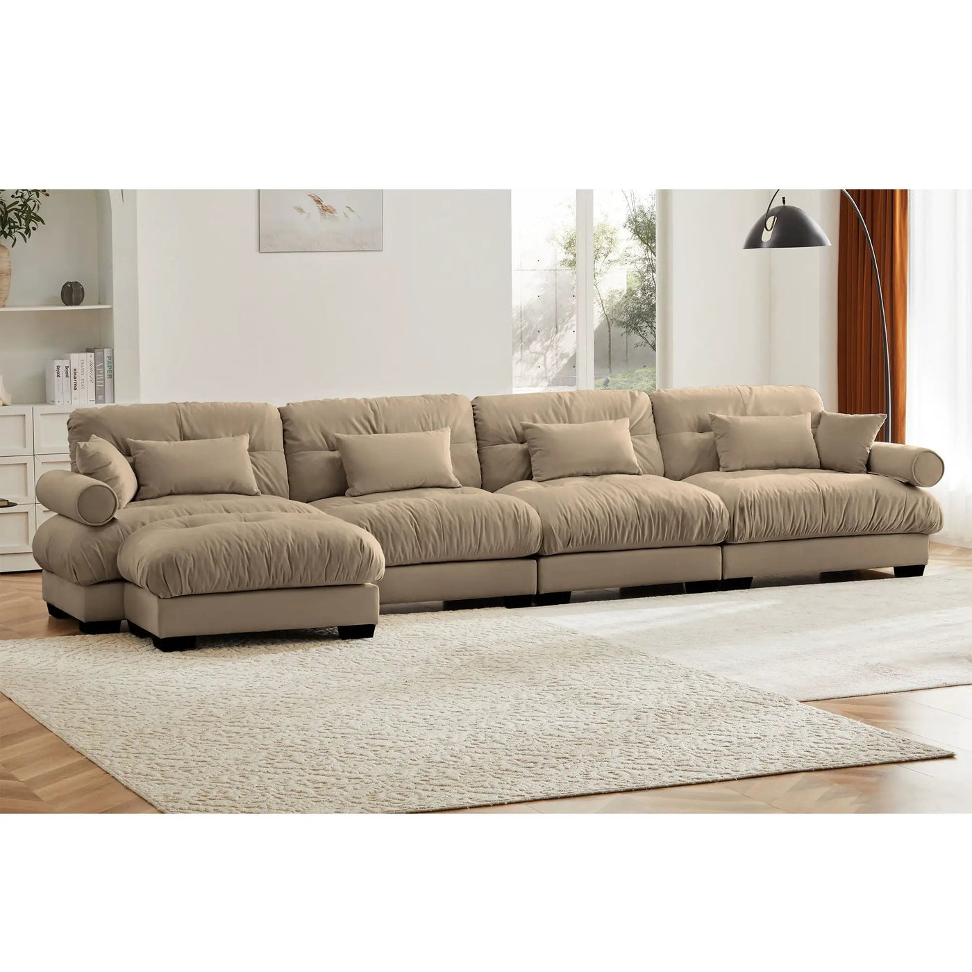 Modern Sectional Sofa With Ottoman, Round Bolster Armrests, Waist And Throw Pillows by HouseOfZazla