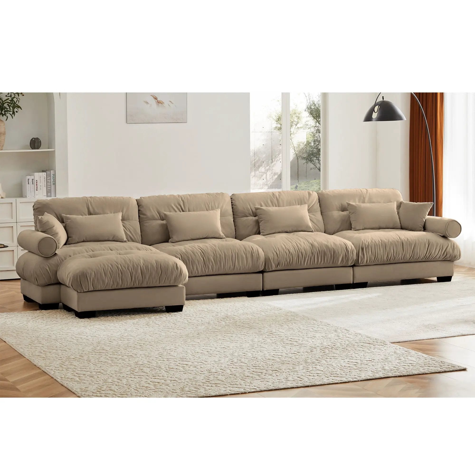Modern Sectional Sofa With Ottoman, Round Bolster Armrests, Waist And Throw Pillows by HouseOfZazla