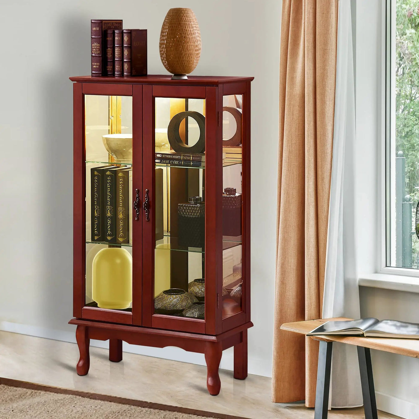 Curio Cabinet Lighted Curio Diapaly Cabinet With Adjustable Shelves And Mirrored Back Panel, Tempered Glass Doors (3 Tier), (E26 Light Bulb Not Included) by HouseOfZazla