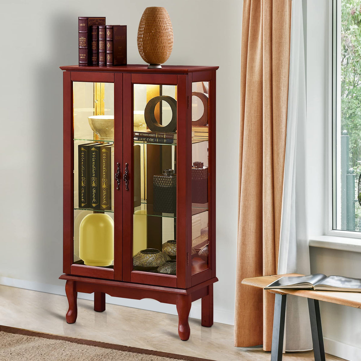Lighted Curio Display Cabinet with Adjustable Shelves - Light Brown, Dark Brown, Dark Red, photo 27 of 40