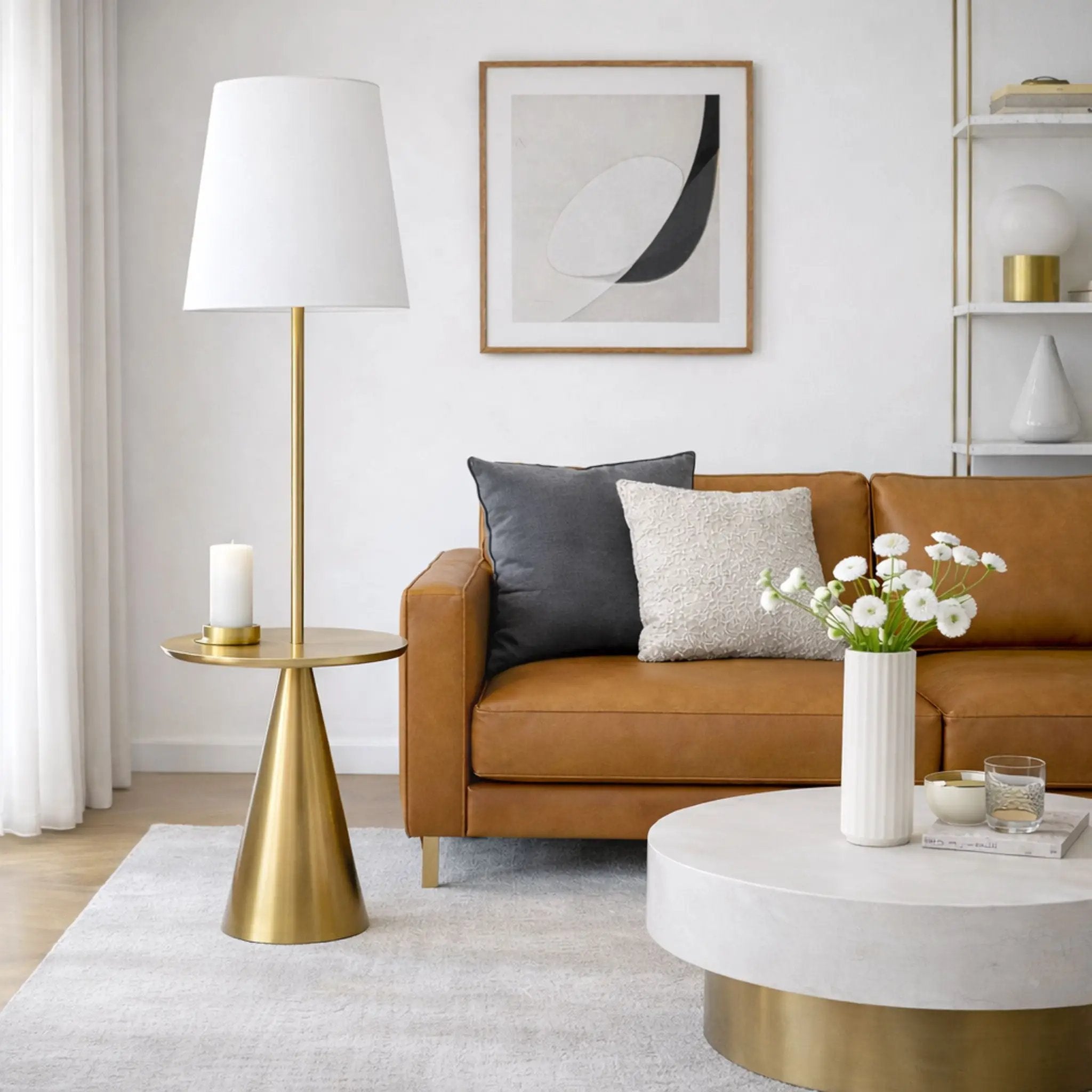 Celestial - Modern Floor Lamp With Accent Table With Large Shade - Gold / White by Unique Piece Furniture