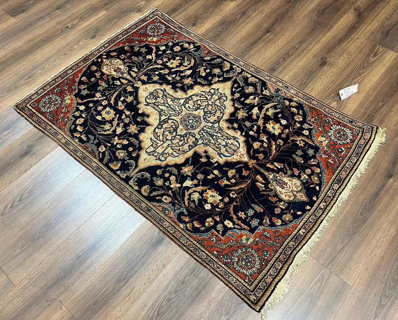 Antique Persian Rug 3.5 x 5, Sarouk Farahan Rug, High Quality 1920s Fine Oriental Carpet 3 x 5 ft, Large Medallion, Floral, Navy Blue Red, Hand Knotted Wool Rug by Jewel Rugs