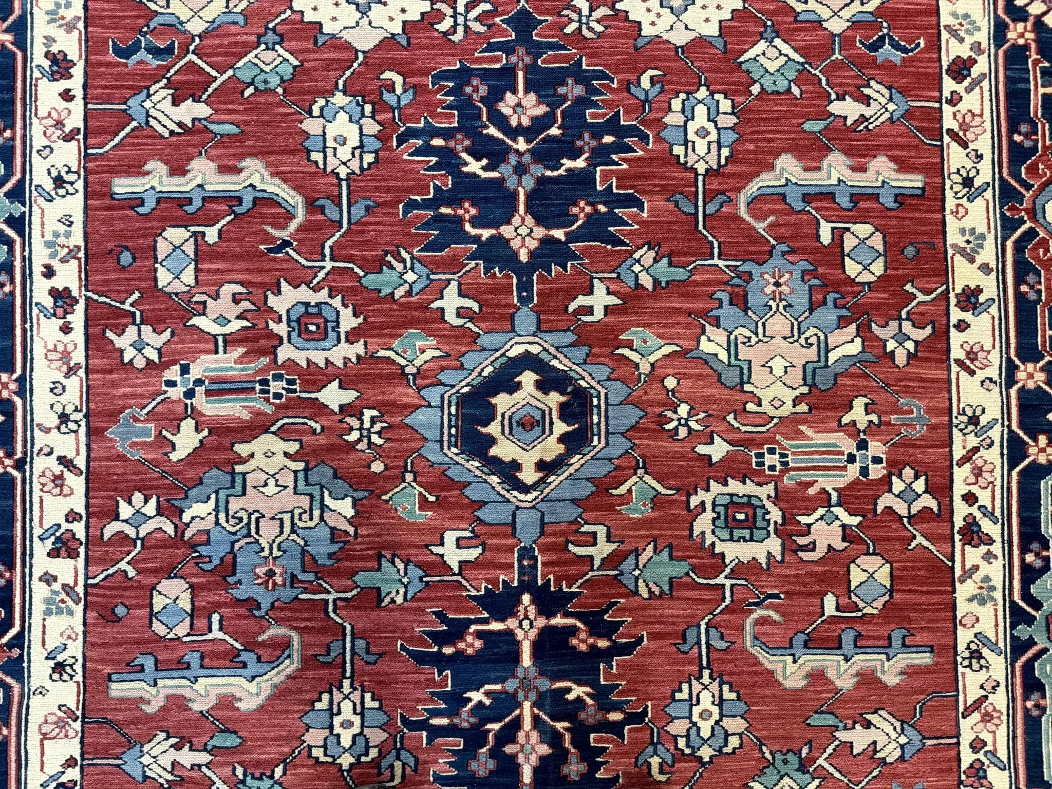 Turkish Flatweave Rug 6x9, Heriz Design, Red and Blue by Jewel Rugs