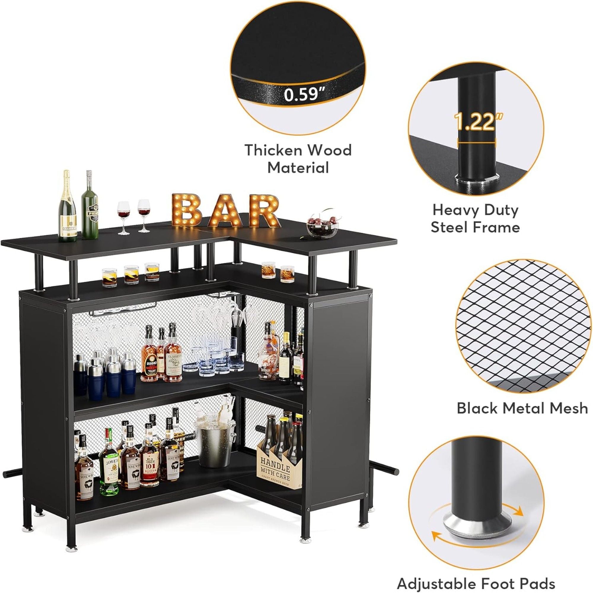 L Shaped Home Mini Bar Table With 2 Tier Shelves & Glass Racks - Black by HouseOfZazla