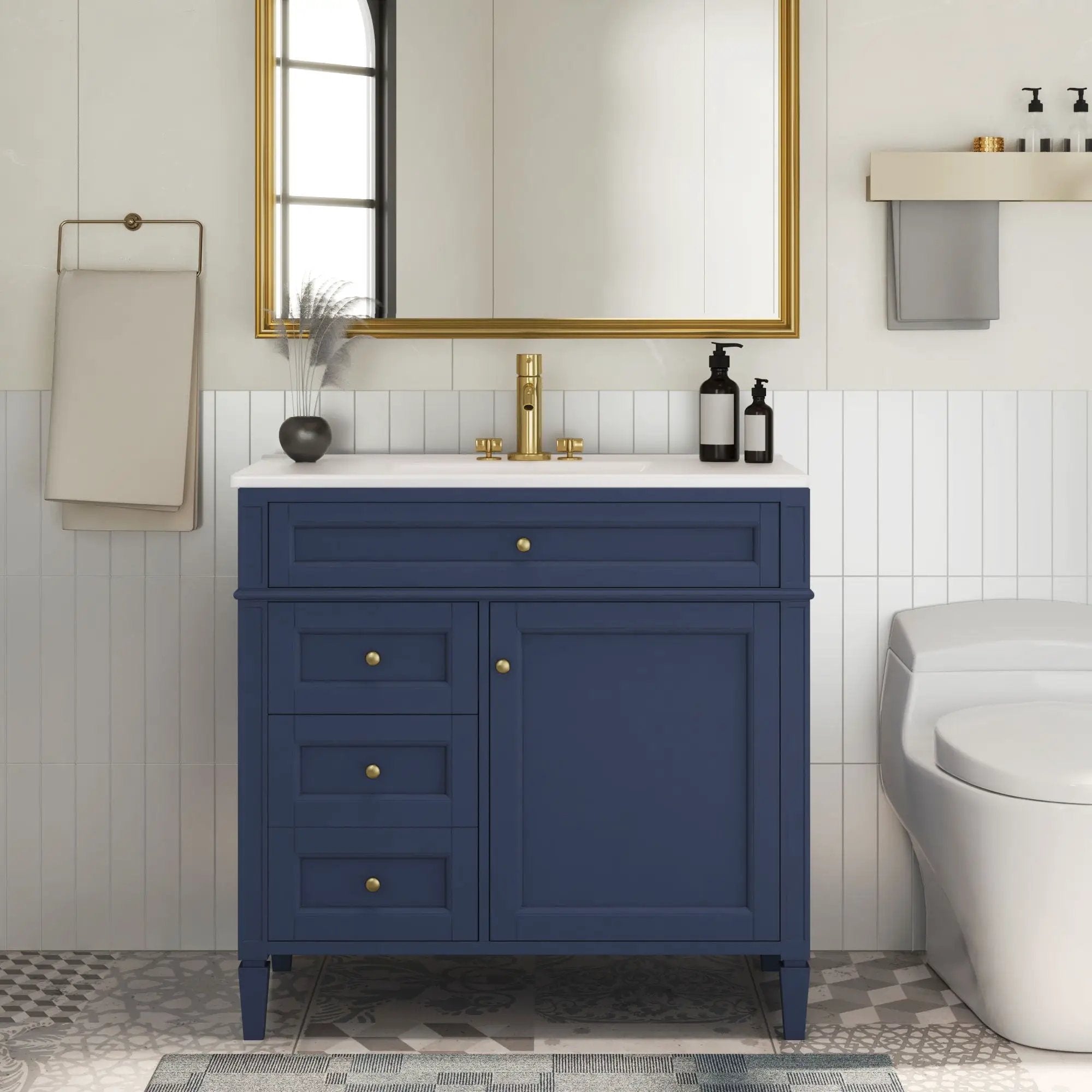 Bathroom Vanity With Top Sink, Modern Bathroom Storage Cabinet, 2 Drawers And A Tip-Out Drawer, Single Sink Bathroom Vanity - Blue by HouseOfZazla