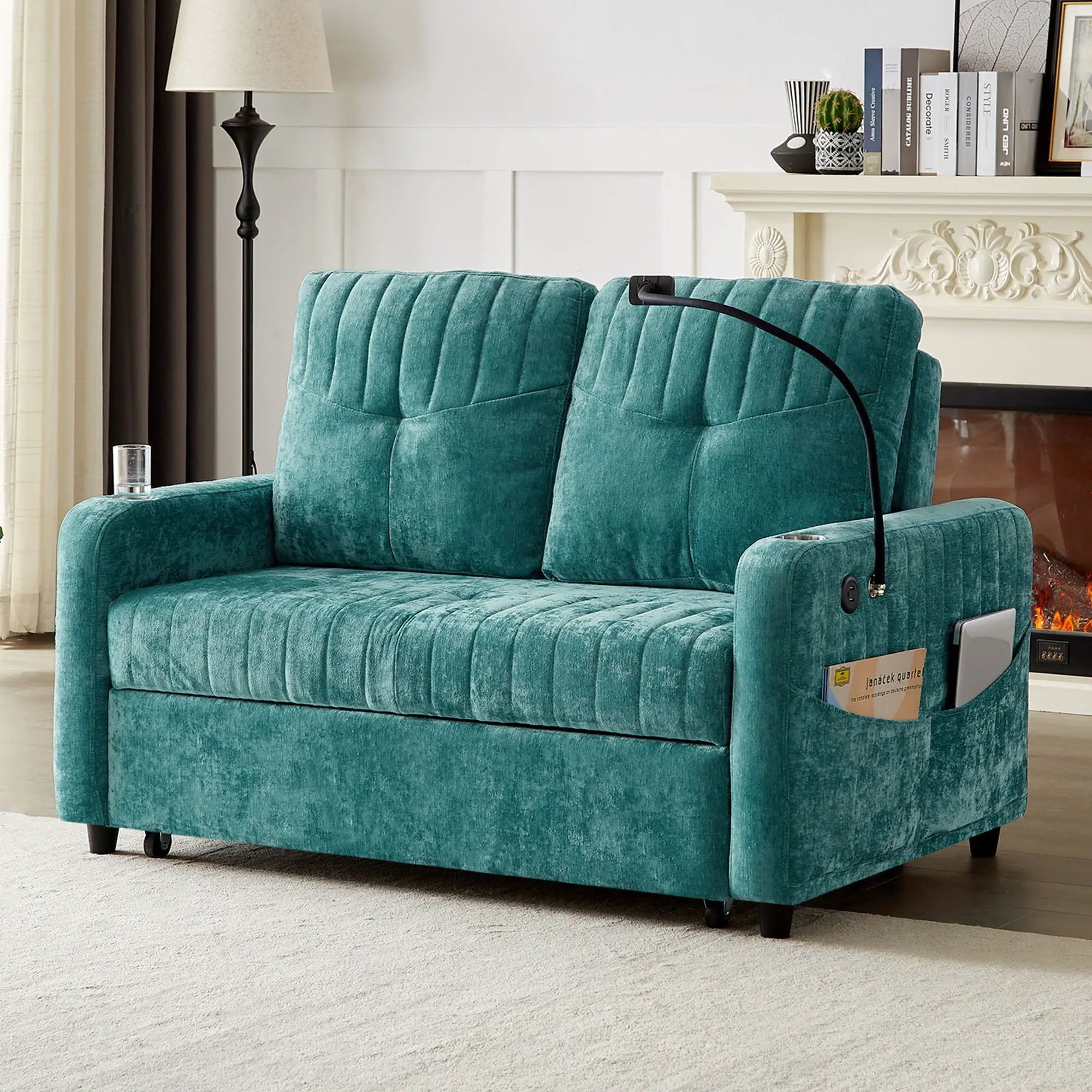 Modern Loveseat Pull Out Sofa Bed With Adjustable Backrest, Two Cup Holders, A Phone Holder, Three Charging Ports And Side Storage Pockets For Living Room by HouseOfZazla
