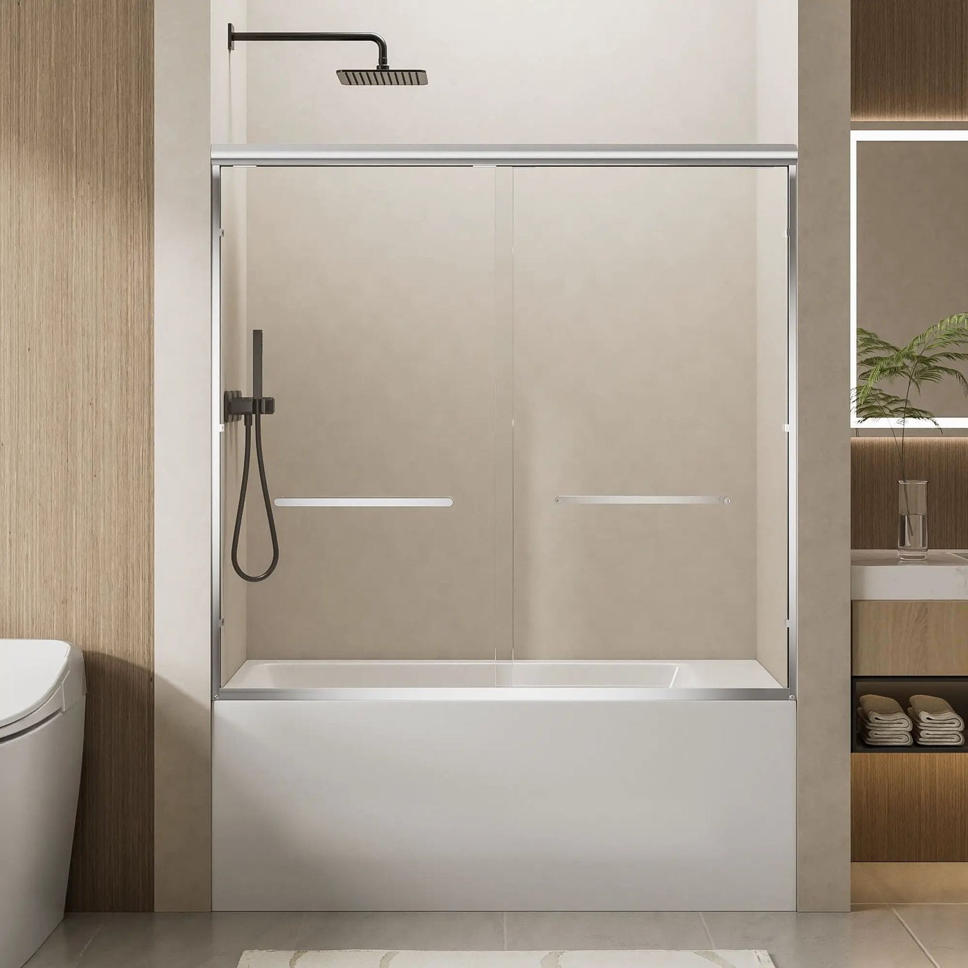 Aluminum Frame Double Double Soft Close Shower Door, Tempered Glass And Dual Stainless Steel Handles by HouseOfZazla