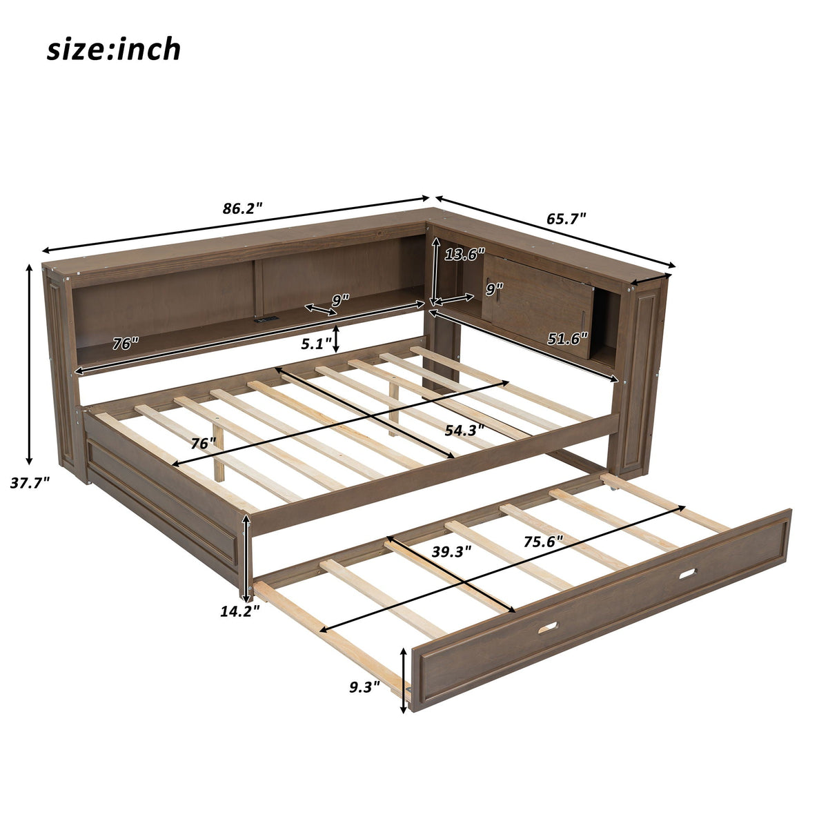 Full Size Daybed with Storage Shelves and Trundle - Dark Brown or White, photo 12 of 28