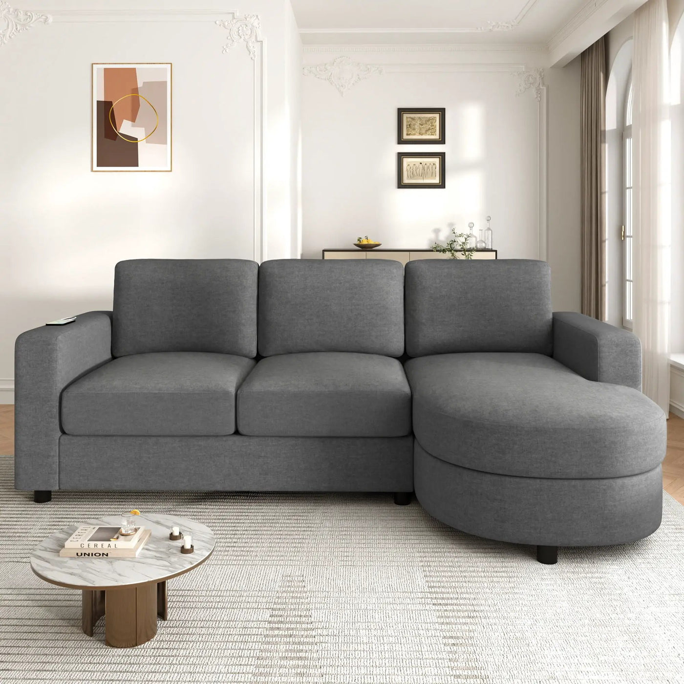 Modern L-Shaped Sectional Sofa With Curved Chaise, USB Ports, And Side Storage Pockets by HouseOfZazla