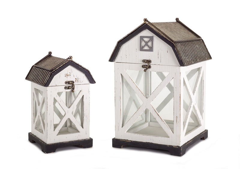 Distressed White Wood Barn Style Lantern (Set of 2)