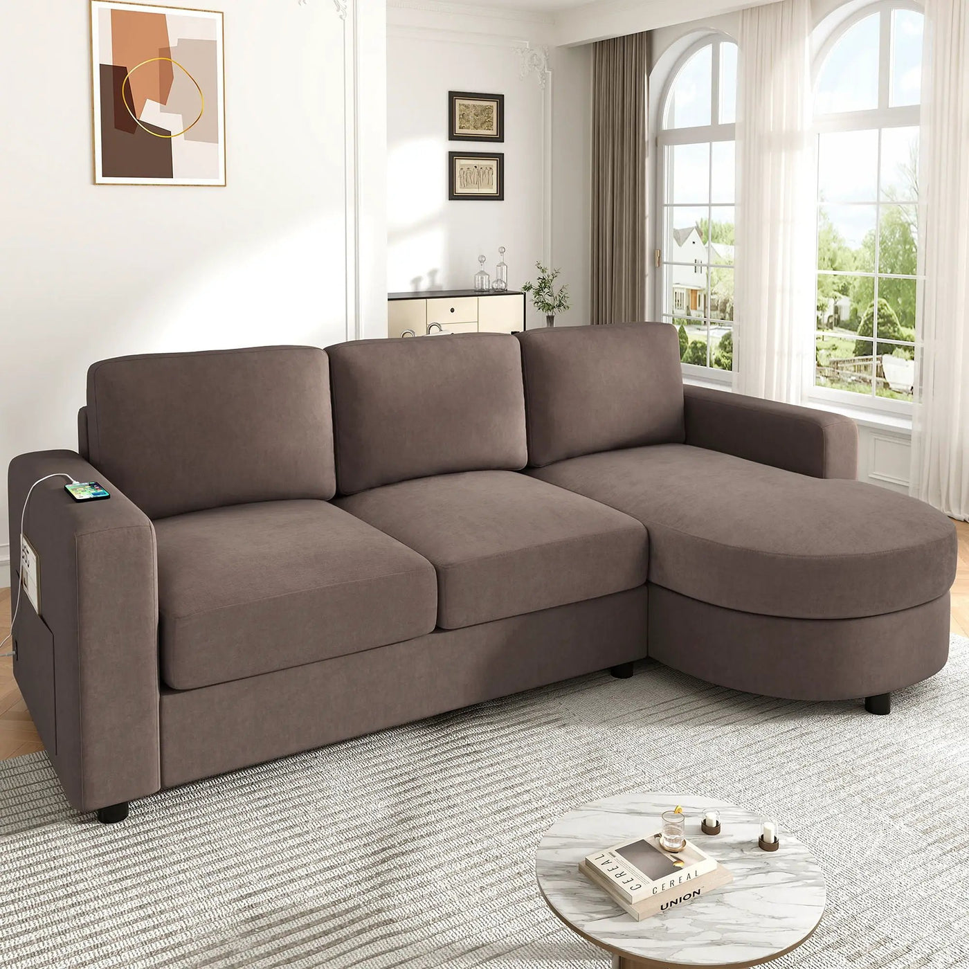 Modern L-Shaped Sectional Sofa With Curved Chaise, USB Ports, And Side Storage Pockets by HouseOfZazla