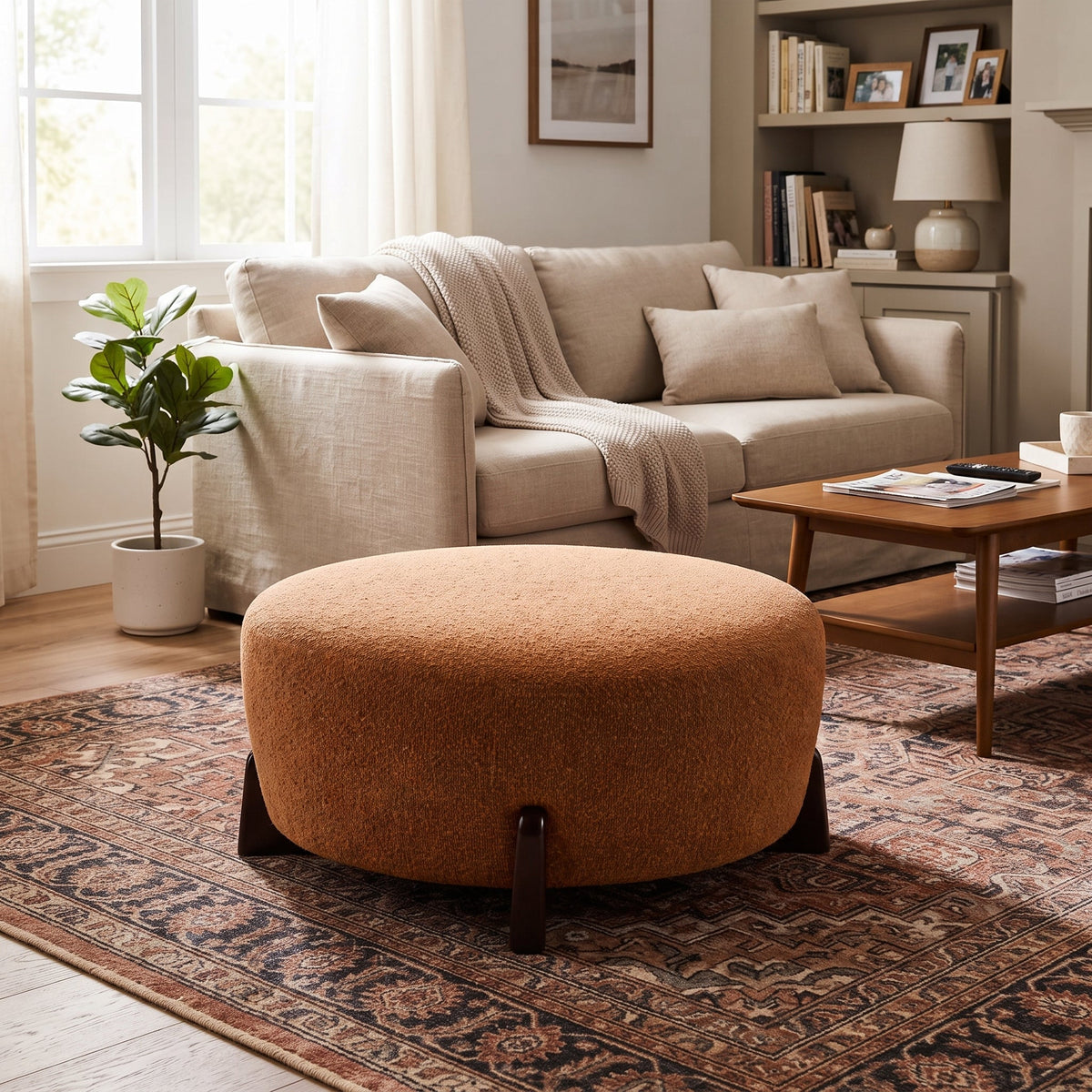 Boucle Round Ottoman with Splayed Rubber Wood Legs - Pumpkin, photo 2 of 10