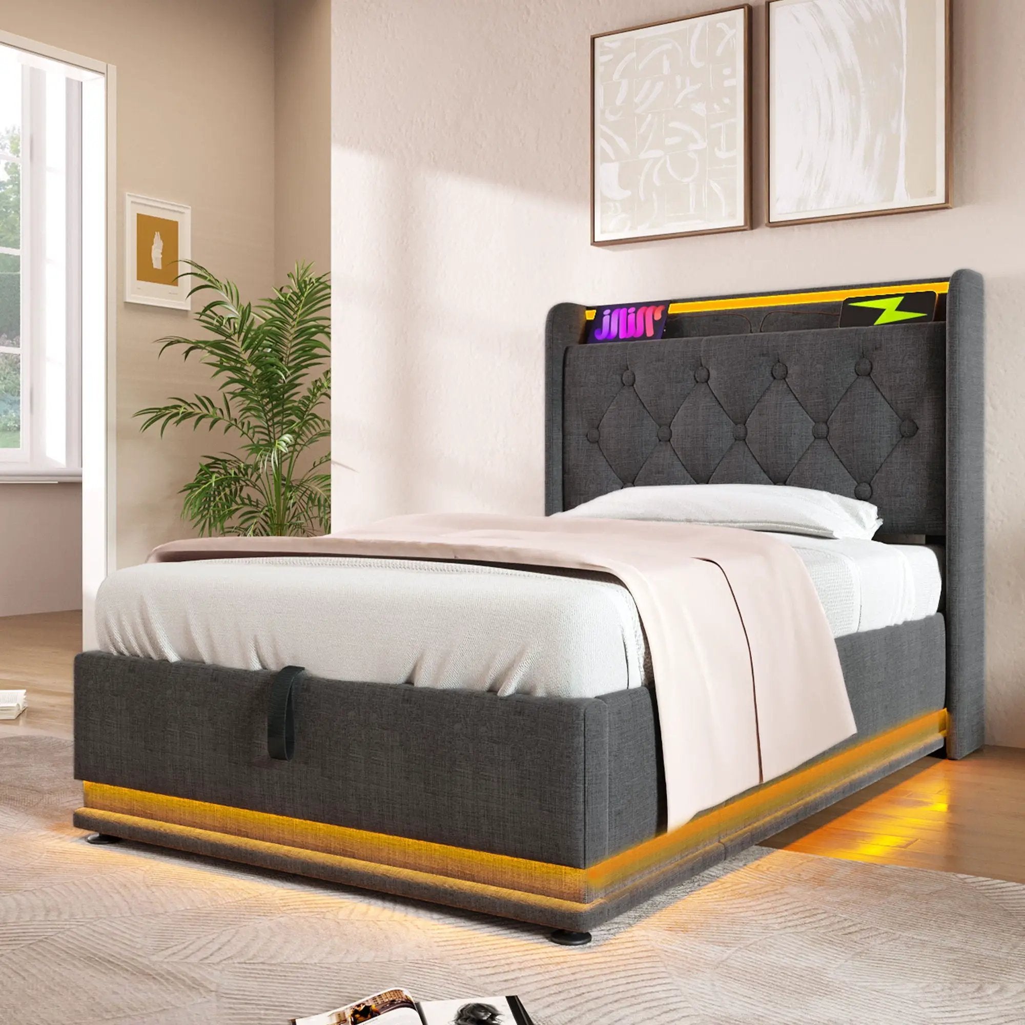 Upholstered Bed, 360 Surround LED Function, Remote Control, Hydraulic Storage Bed With USB, Type-C Charging (Without Mattress) by HouseOfZazla