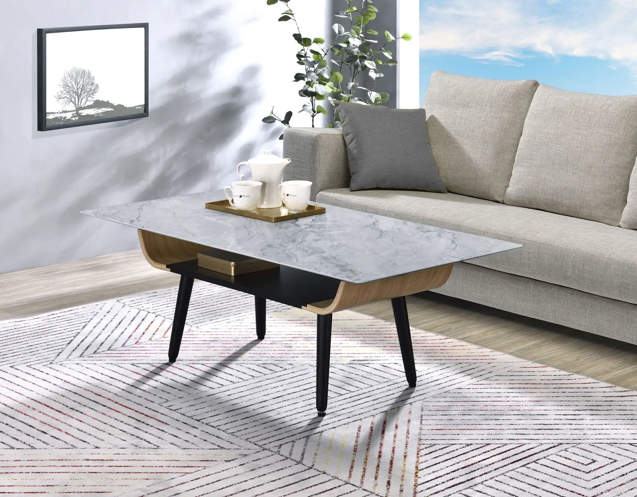 Landon - Coffee Table With Glass Marble Texture Top And Bent Wood Design by Unique Piece Furniture