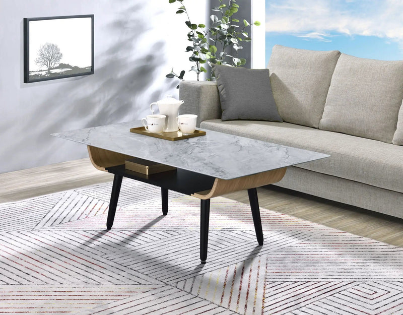 Landon - Coffee Table With Glass Marble Texture Top And Bent Wood Design by Unique Piece Furniture
